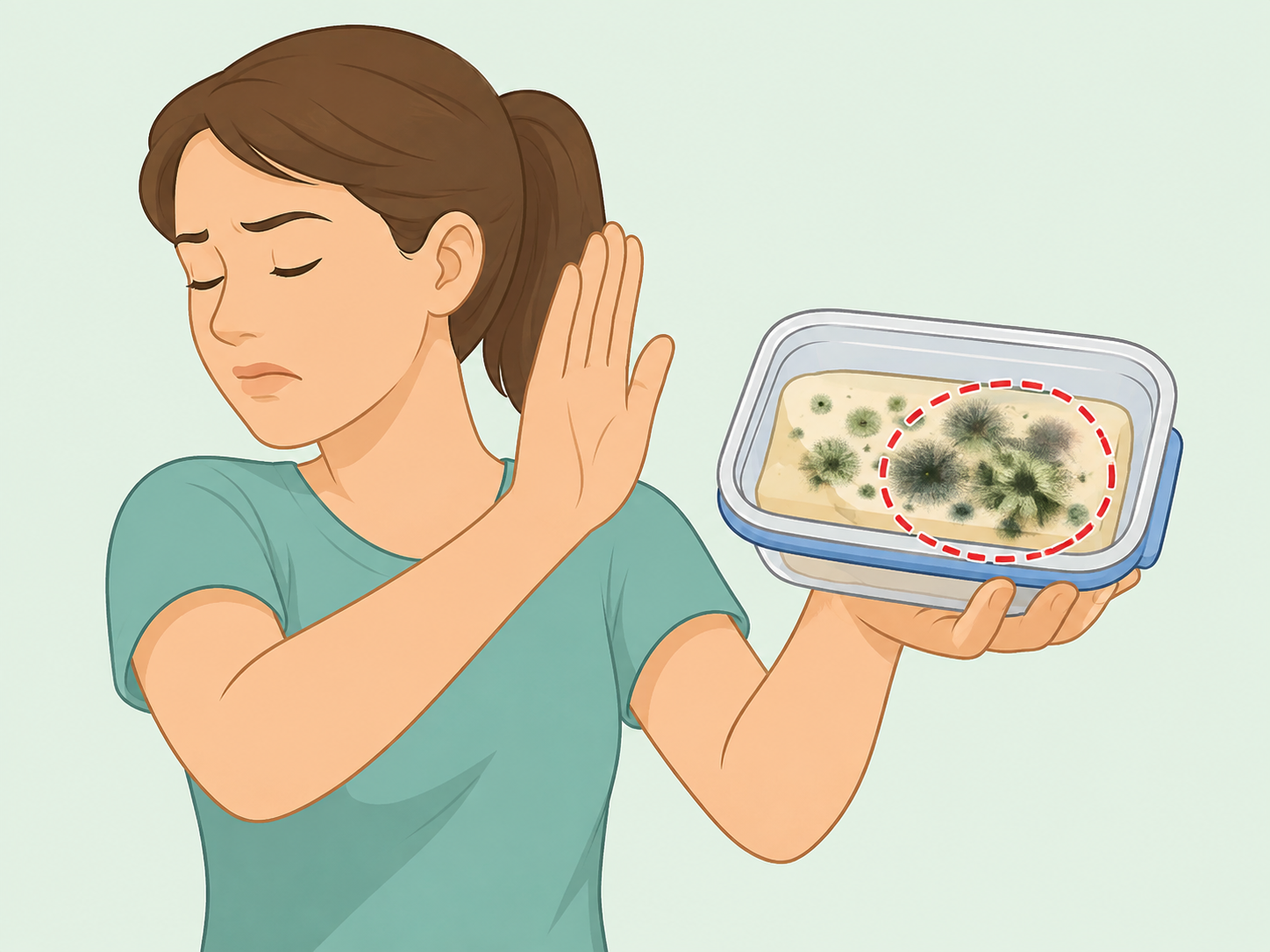 Person avoiding sniffing a moldy food container.