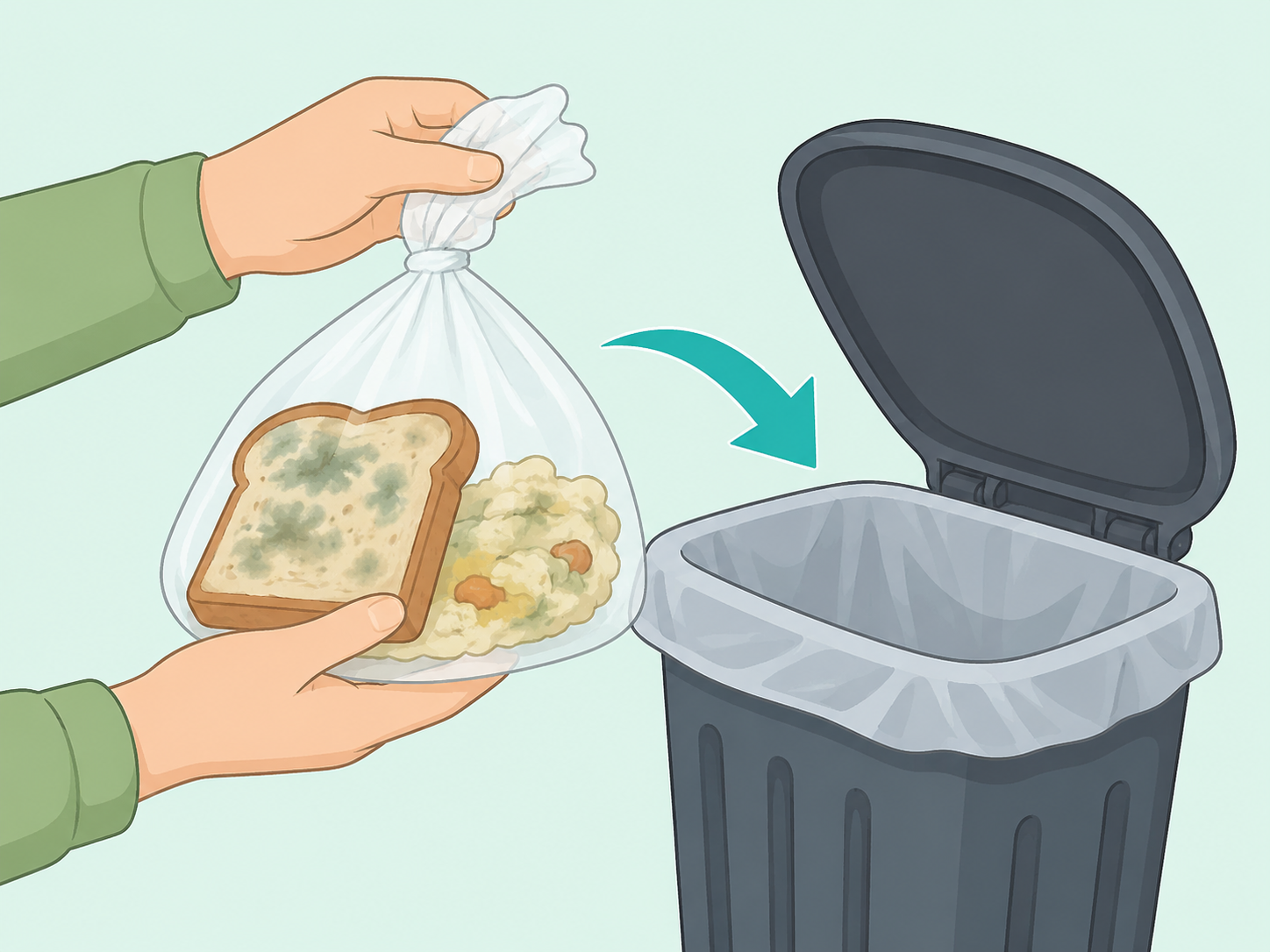 Moldy soft foods being wrapped and discarded in a covered trash can.