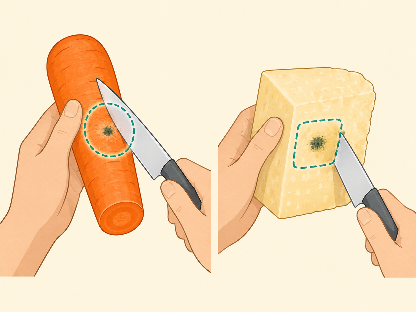 Firm foods being trimmed well around a small mold spot.