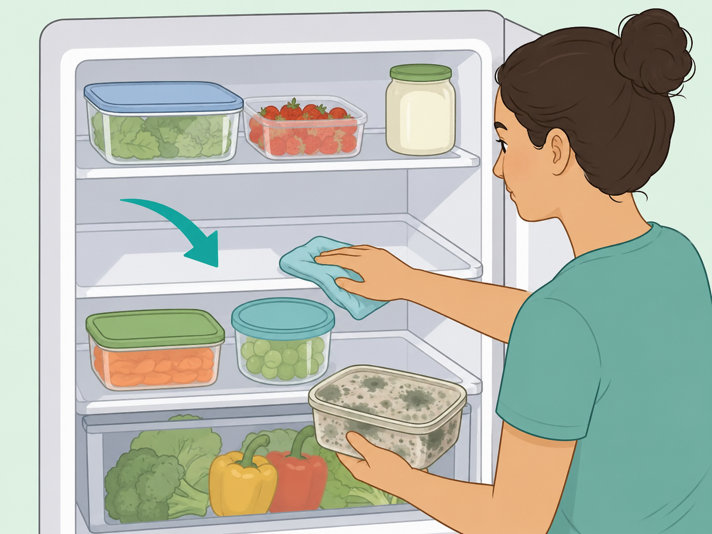 Person cleaning a refrigerator shelf where moldy food was stored.