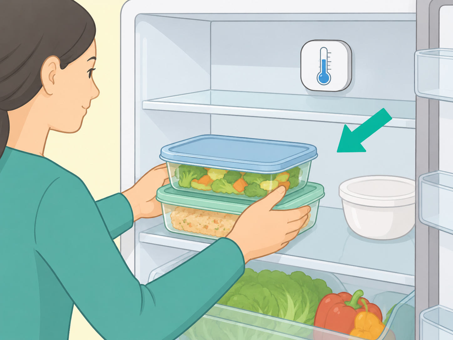 Leftovers stored in shallow covered containers in a cold refrigerator.