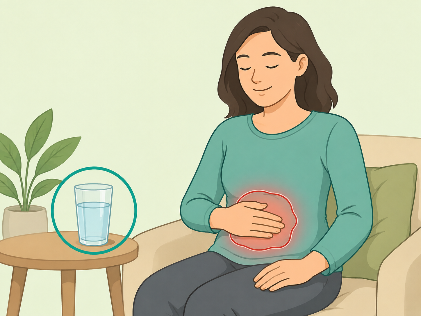 Person monitoring stomach symptoms and drinking water after eating questionable food.