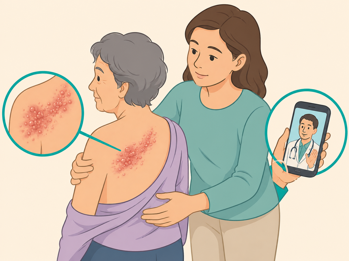 Caregiver helping an older woman with a painful one-sided blistering rash while calling for medical advice.