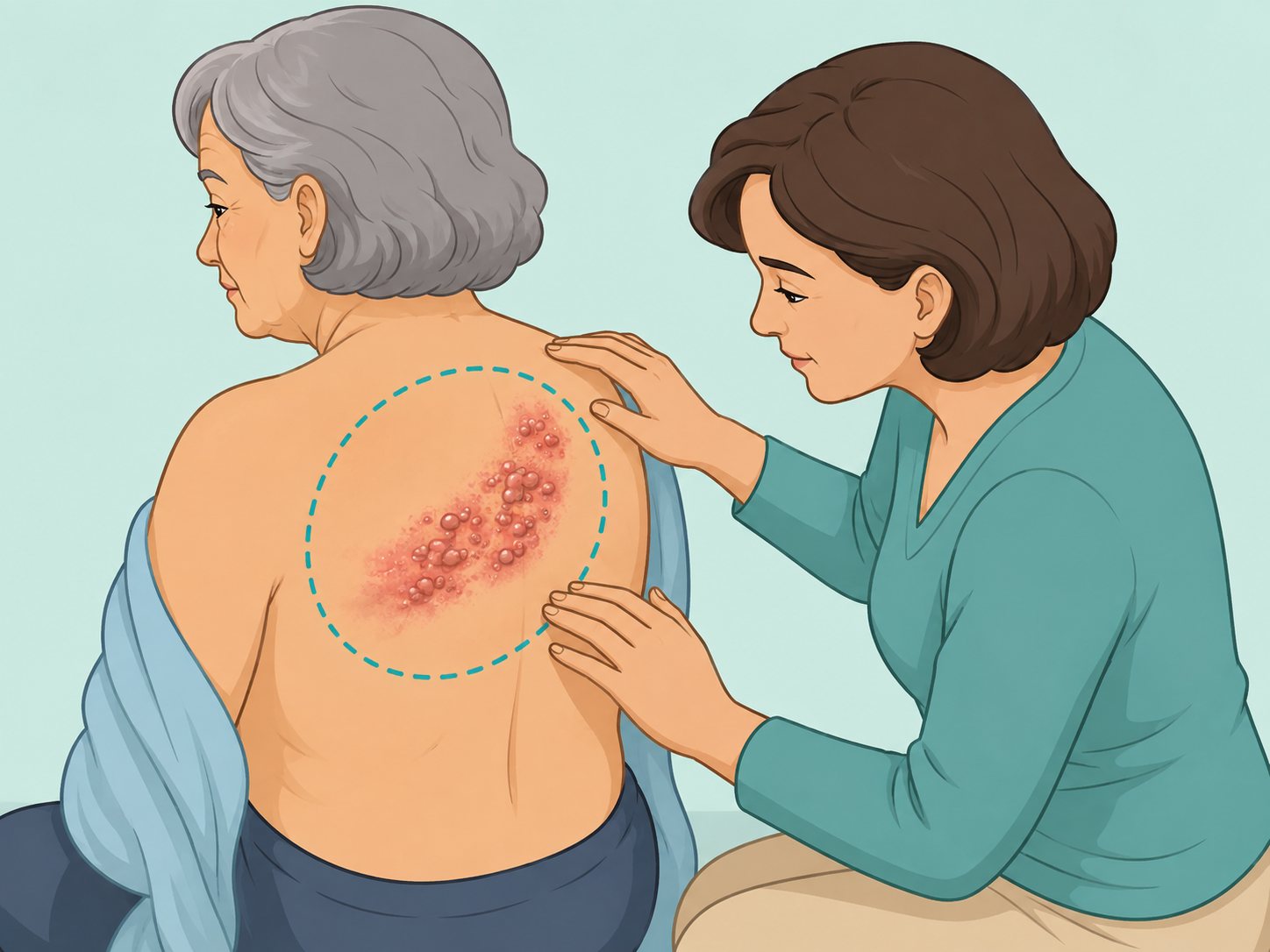 Caregiver treating a painful one-sided blistering rash as a medical concern.