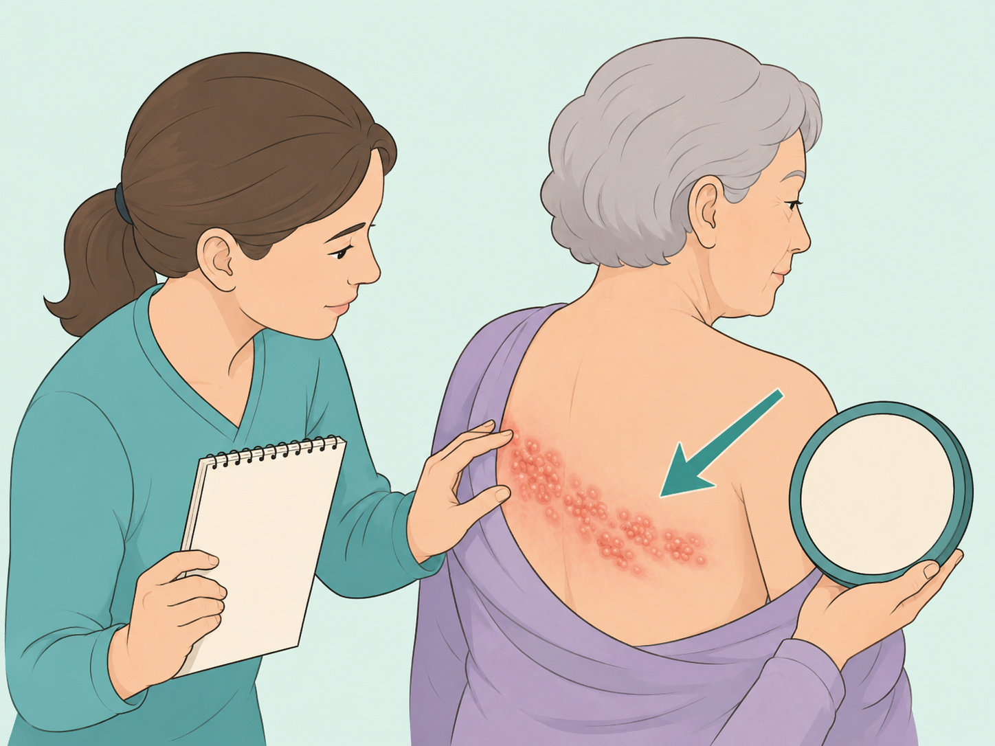 Caregiver checking the timing and pattern of a one-sided blistering rash.