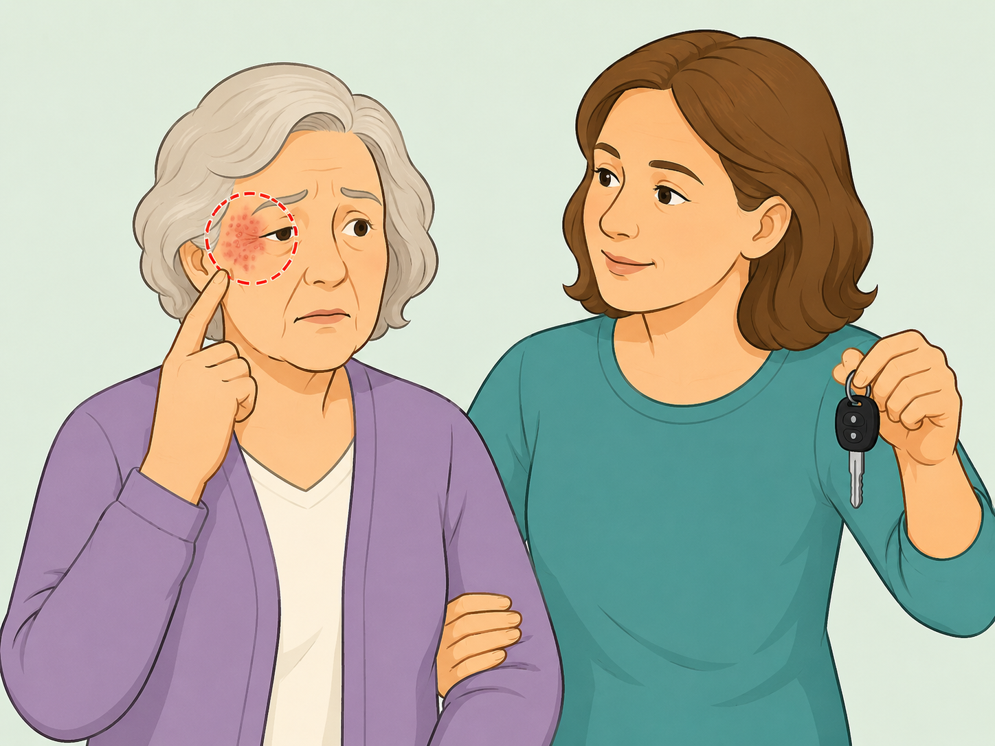 Caregiver recognizing eye-area rash as a reason to seek emergency care.