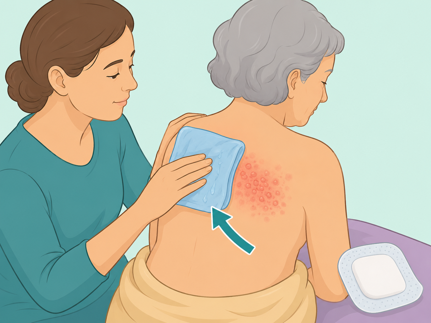 Cool wet cloth soothing a painful blistering rash on the upper back.