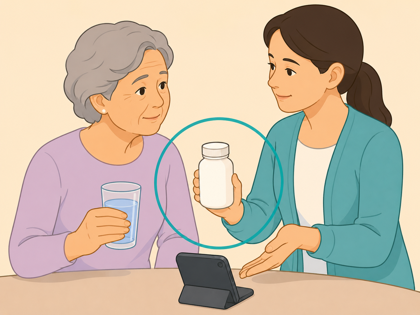 Caregiver checking safe pain medicine options while arranging medical advice.