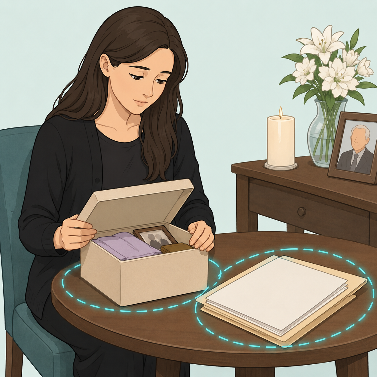 Person carefully opening a keepsake box with legal papers after a funeral.