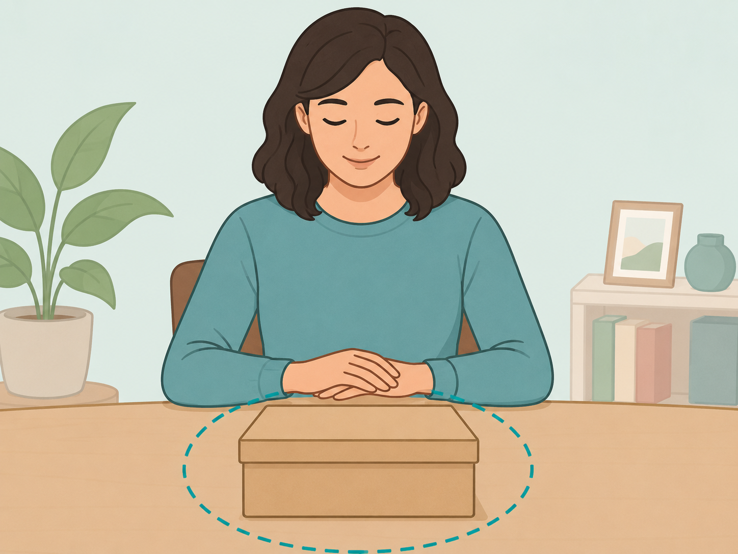 Person pausing calmly before opening an unexpected box after a funeral.
