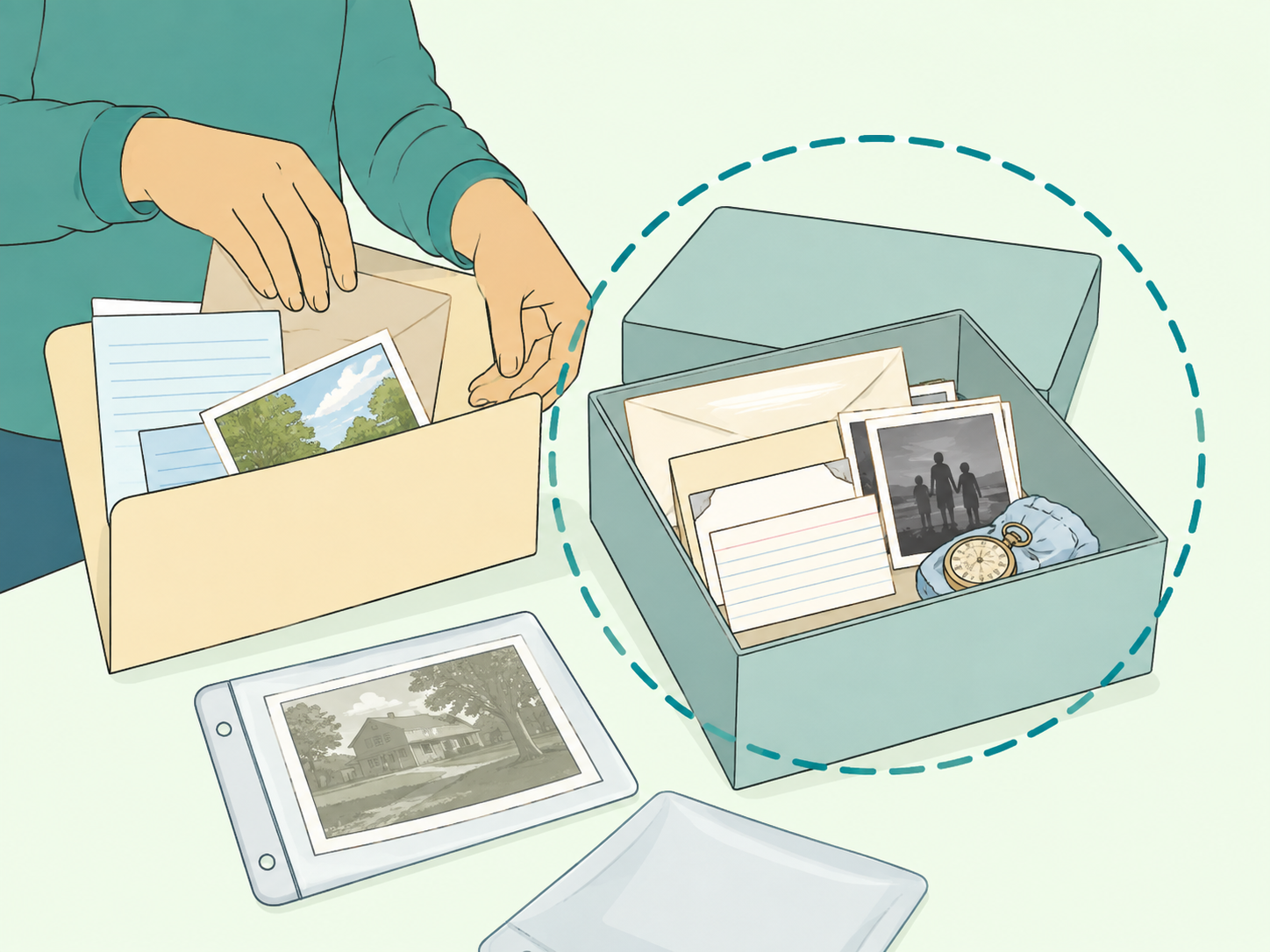 Hands safely organizing original documents and keepsakes.