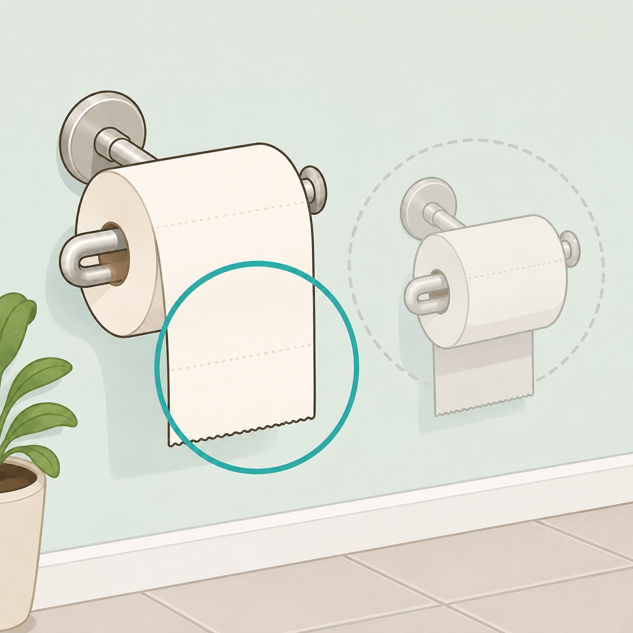Illustration comparing toilet paper hung over the roll with the loose end in front.