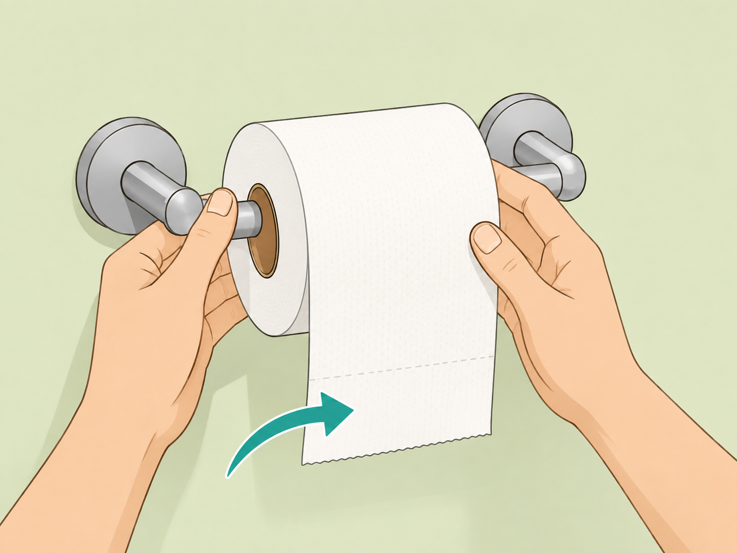 Hands hanging toilet paper over the roll with the loose end in front.