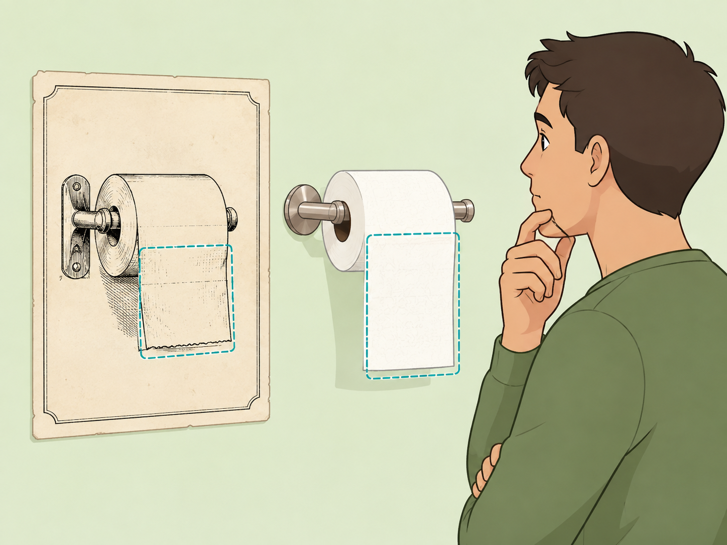 Person comparing an old toilet paper roll drawing with a modern over-hung roll.