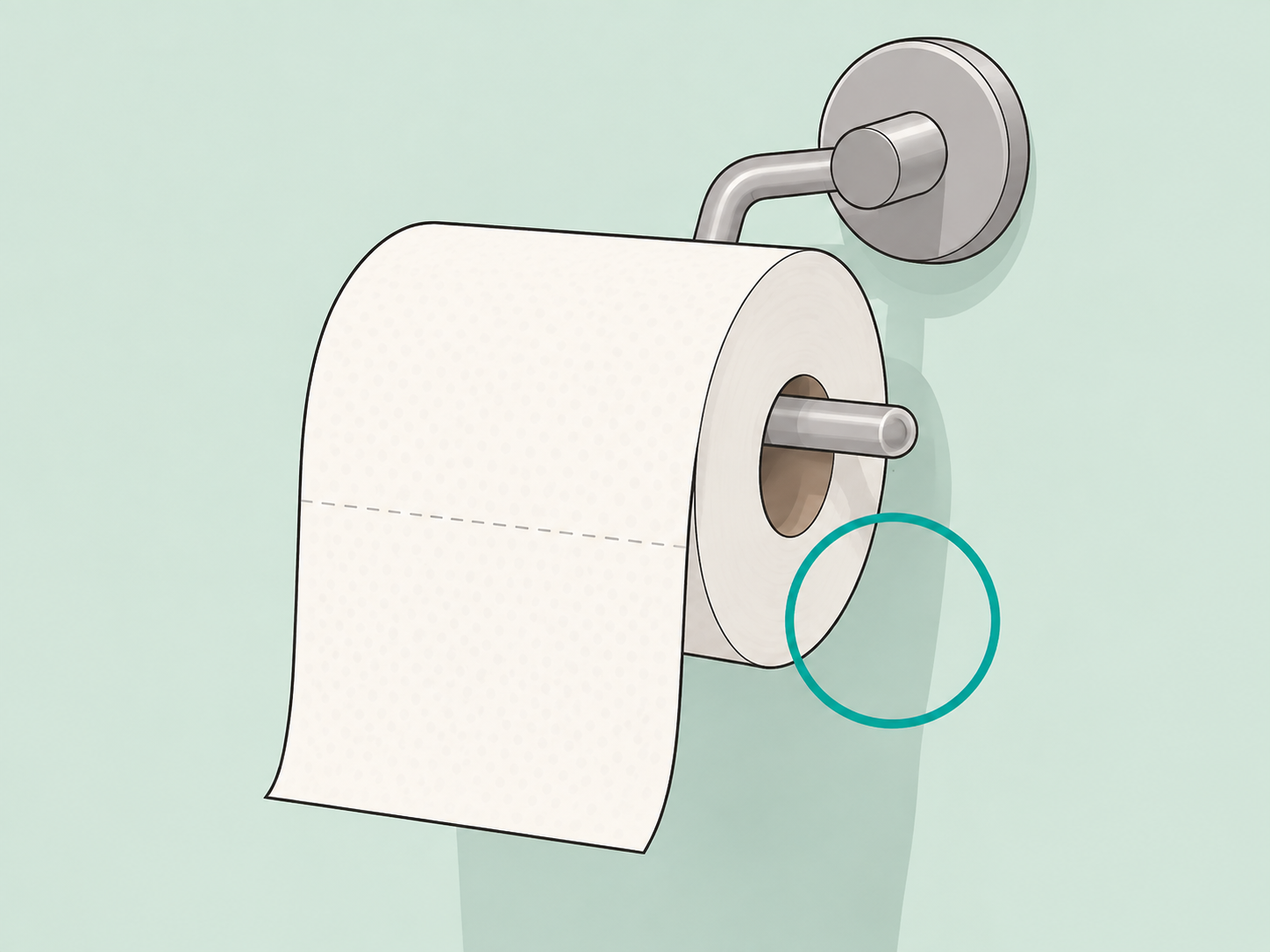 Toilet paper hanging forward without touching the bathroom wall.