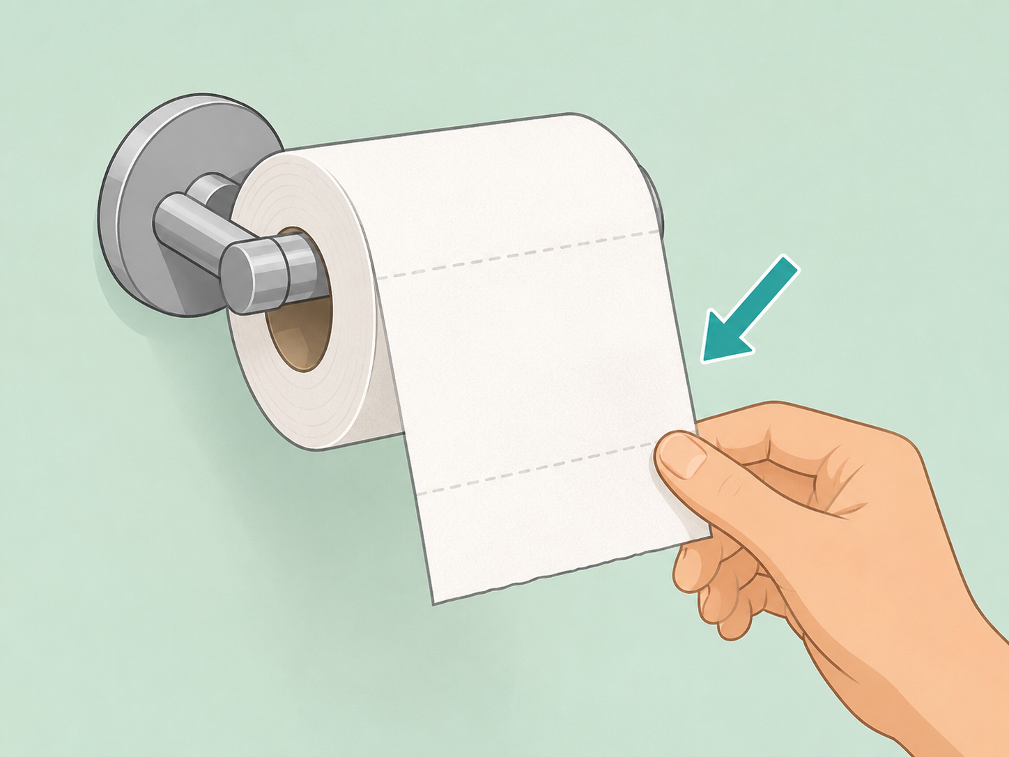 Hand pulling the visible loose end from a smoothly turning toilet paper roll.