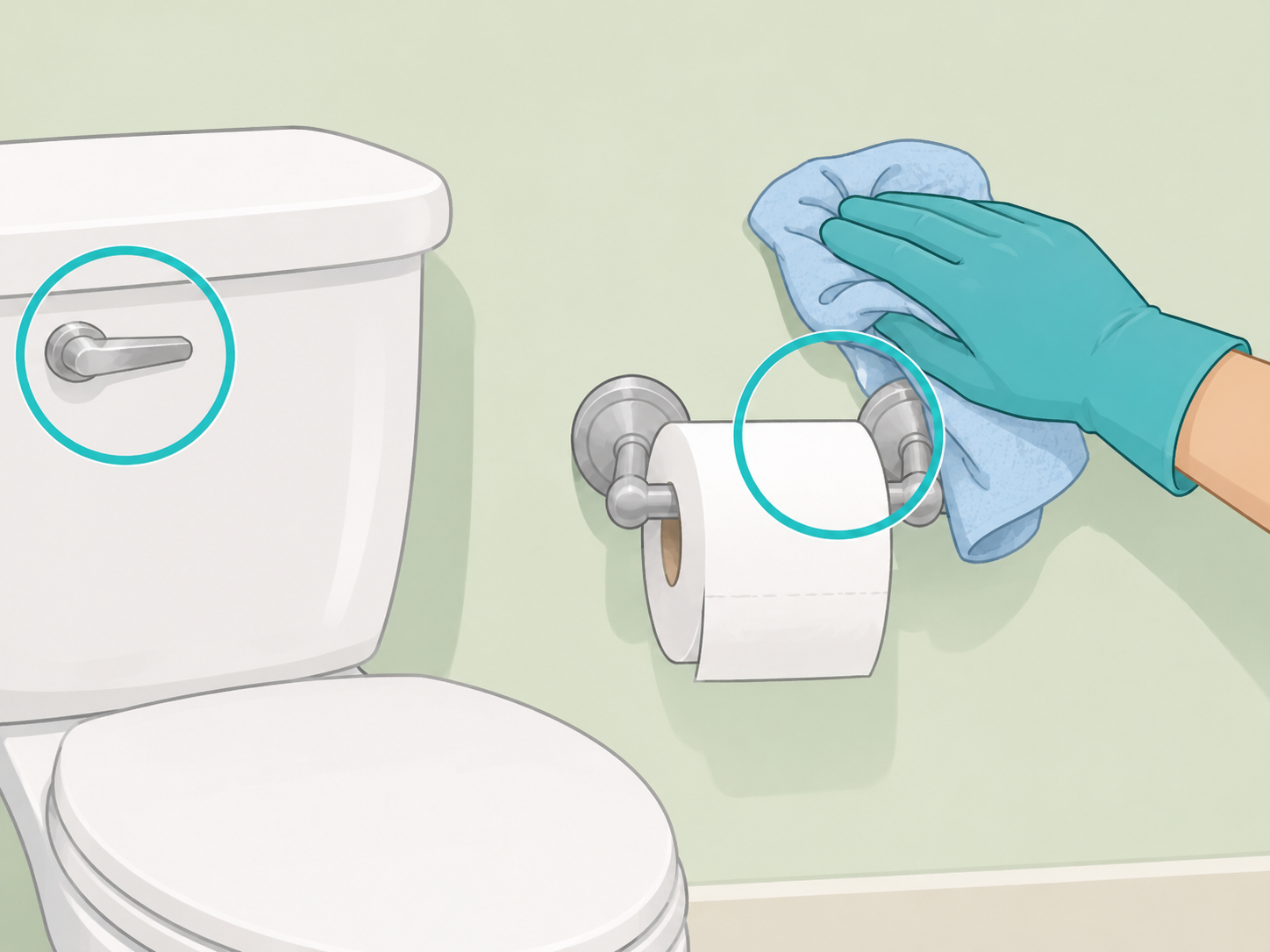 Gloved hand cleaning a toilet paper holder and nearby bathroom surfaces.