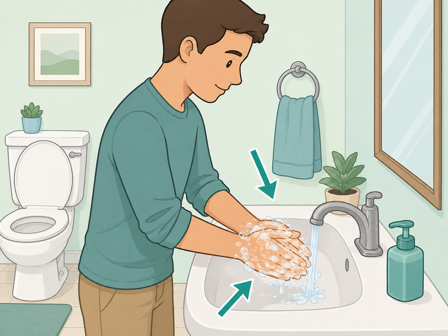 Person washing hands with soap at a bathroom sink.