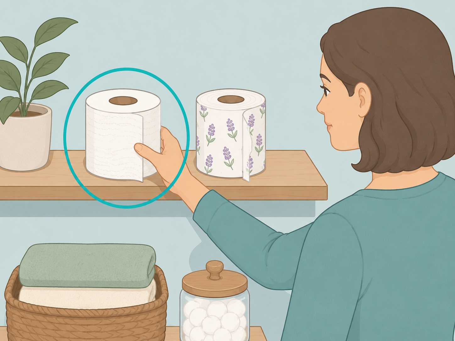 Person choosing a soft unscented toilet paper roll to reduce irritation.