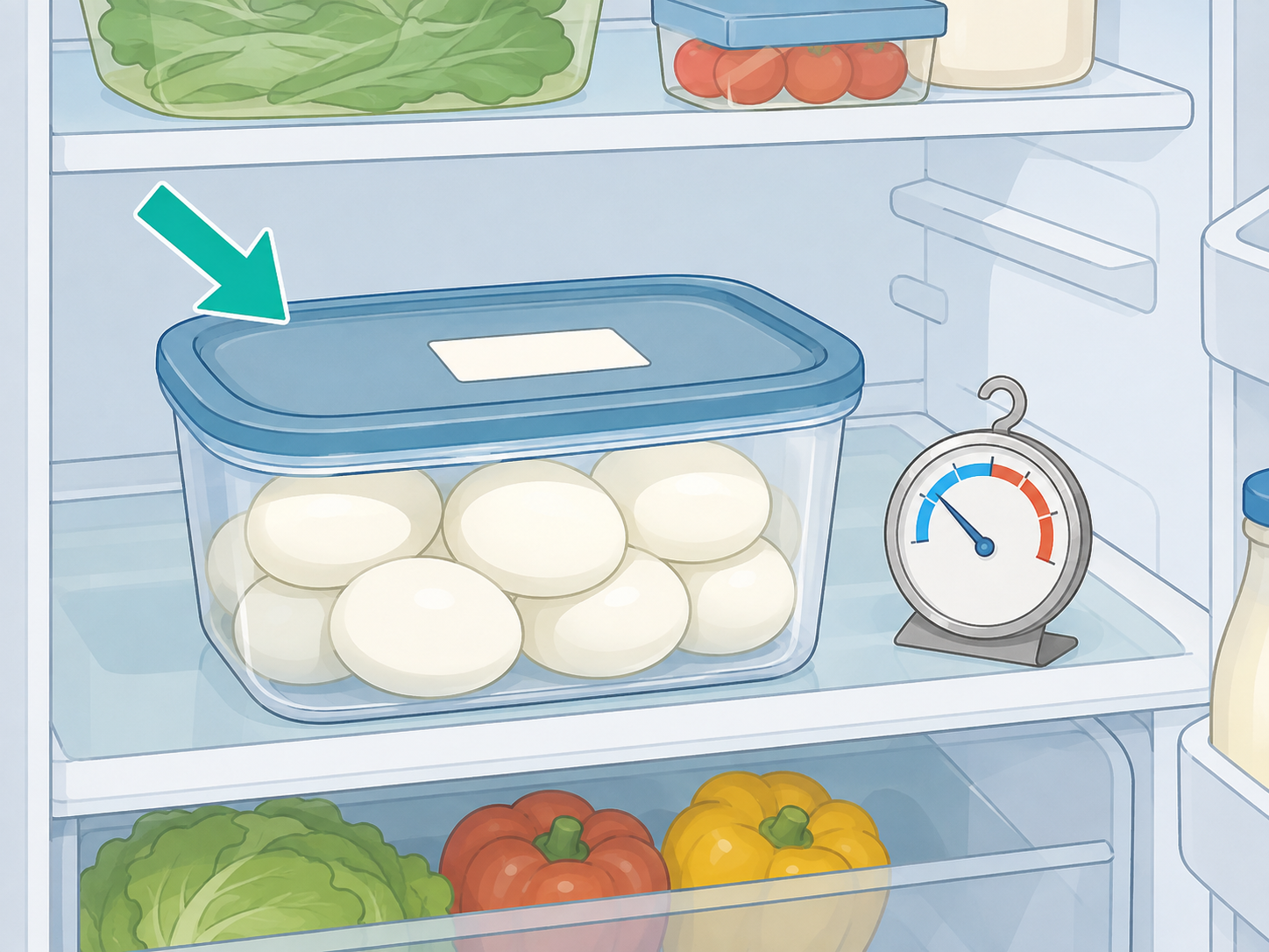 Covered container of hard-boiled eggs stored on a refrigerator shelf with a thermometer nearby.