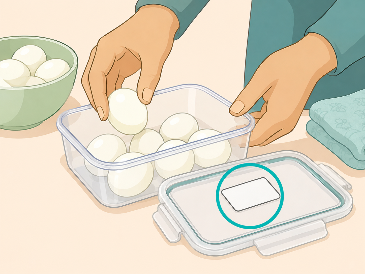 Hands labeling a container of hard-boiled eggs before refrigerating.