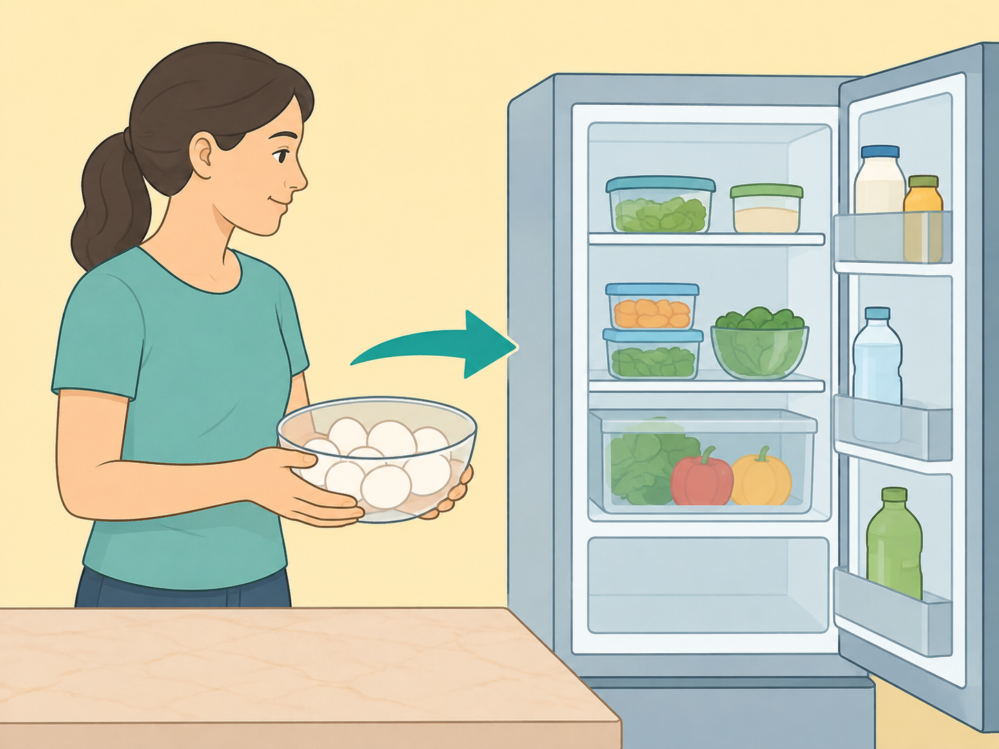 Person putting cooled hard-boiled eggs into the refrigerator promptly.