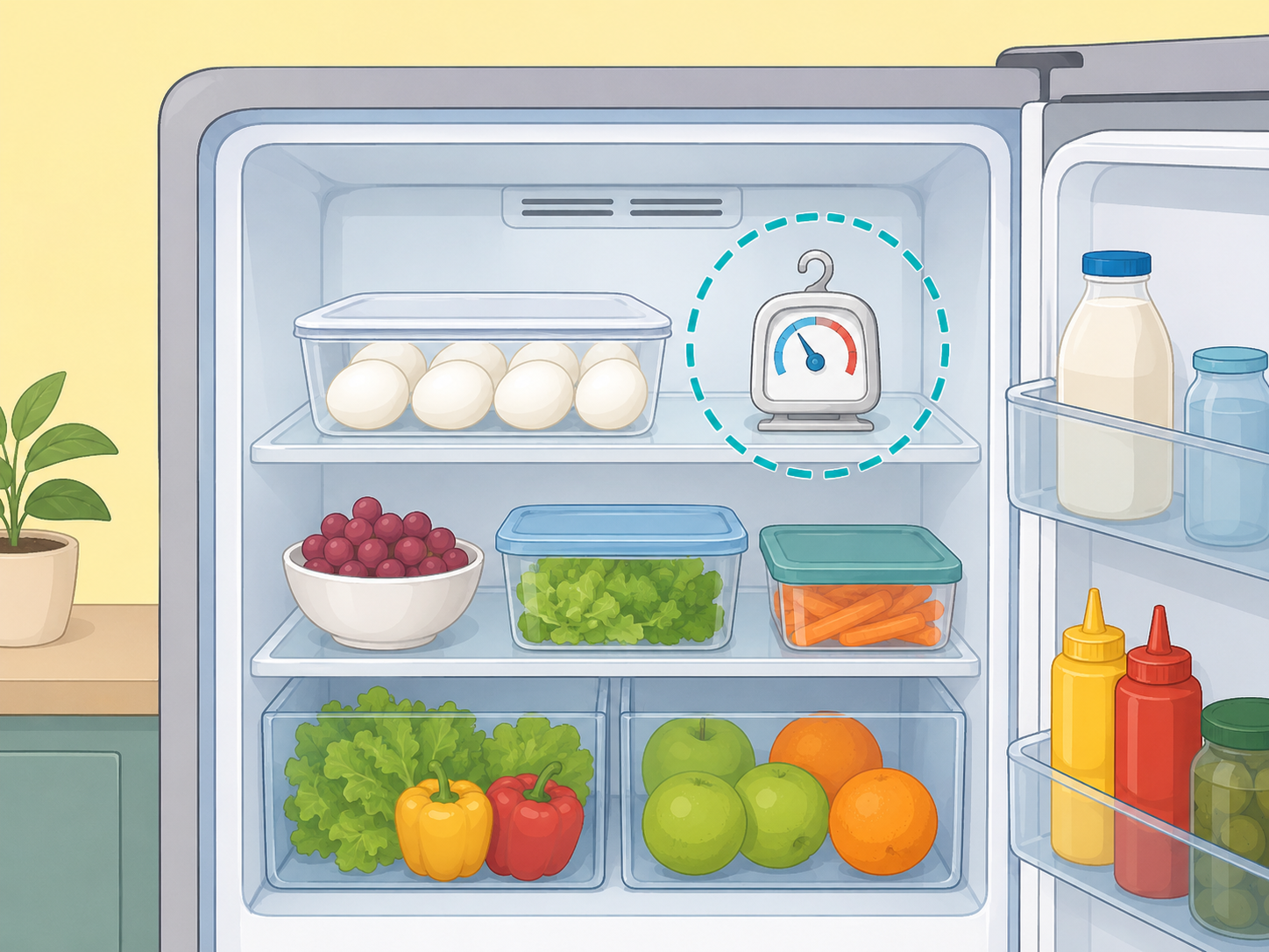 Refrigerator thermometer placed near a covered container of hard-boiled eggs.