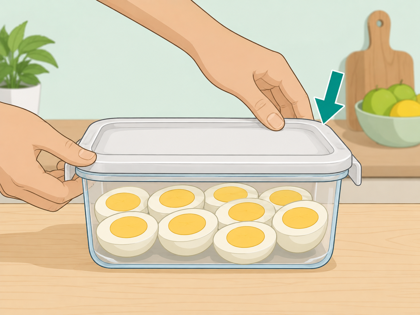 Hard-boiled eggs being stored in a covered container.