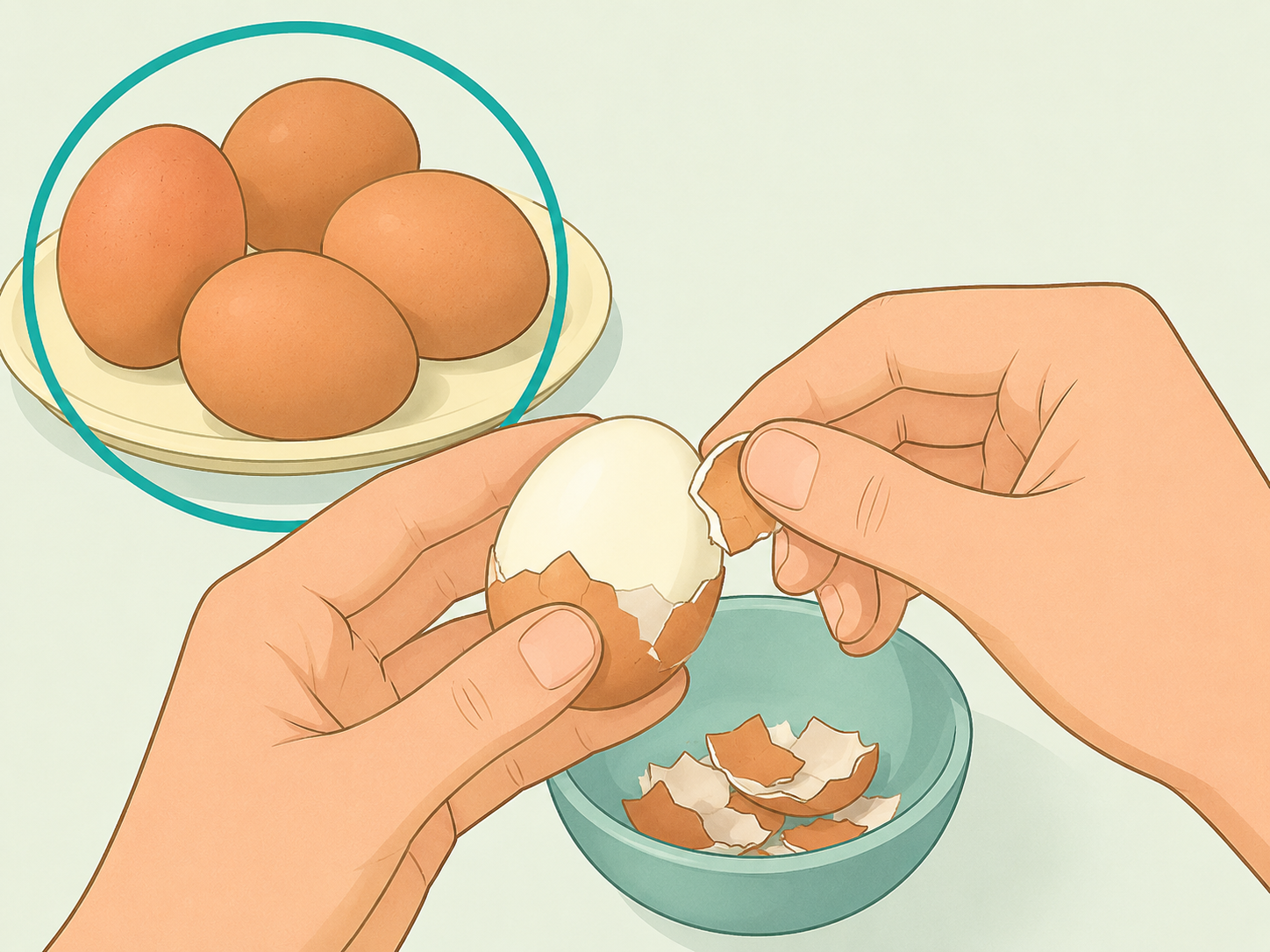 Only one hard-boiled egg being peeled while the rest stay in their shells.