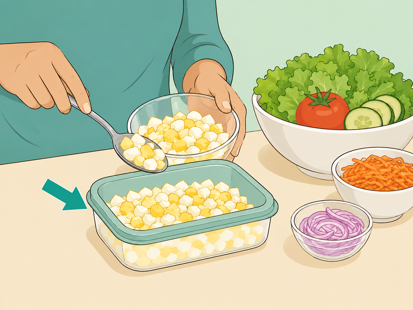 Chopped hard-boiled eggs stored in a shallow covered leftover container.
