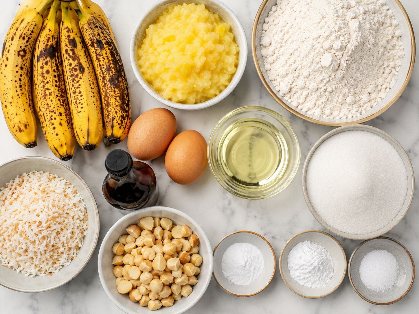 Ingredients for Hawaiian Banana Bread with pineapple, coconut, and nuts