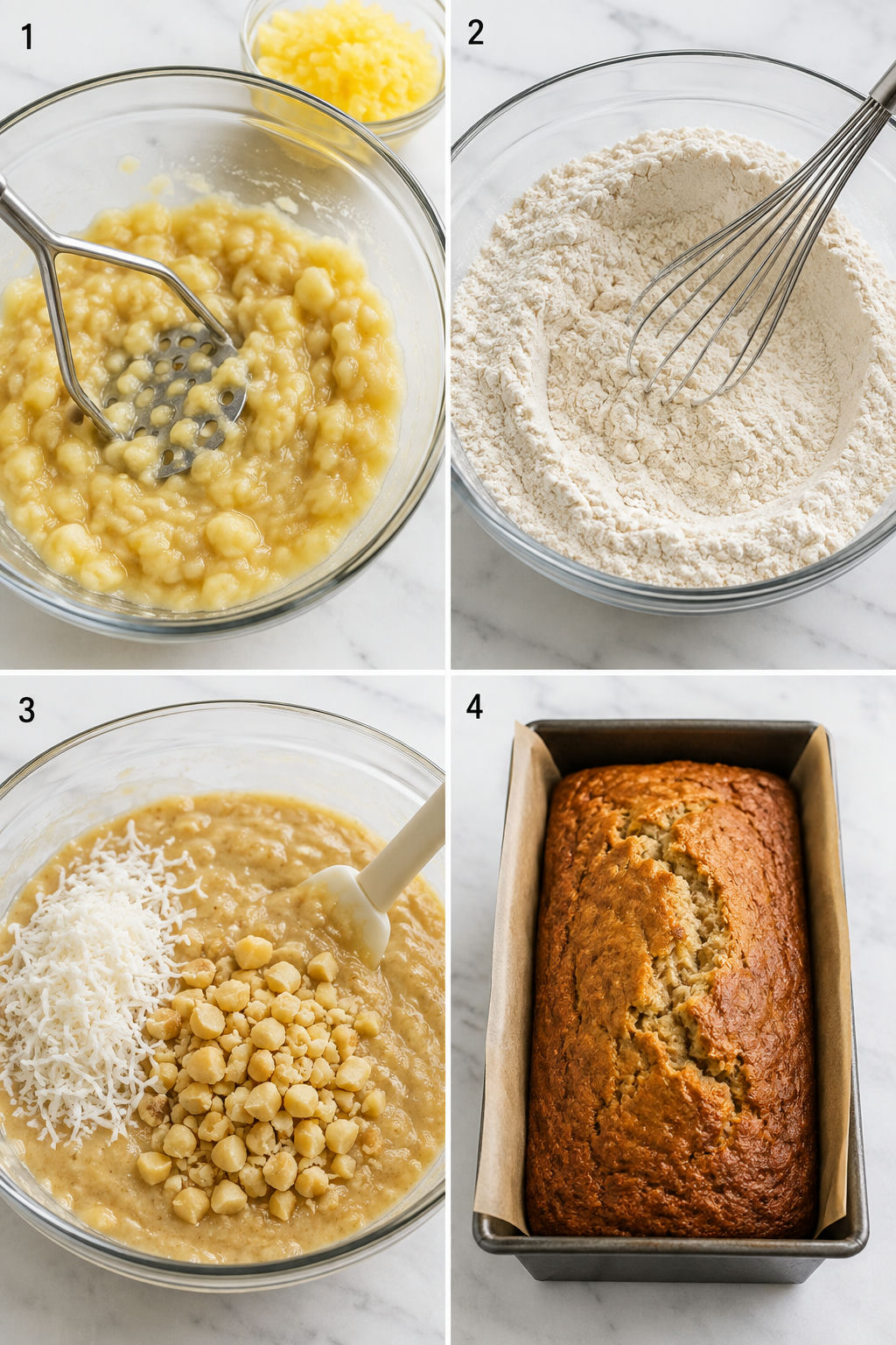 Four steps for making Hawaiian Banana Bread batter and baked loaf