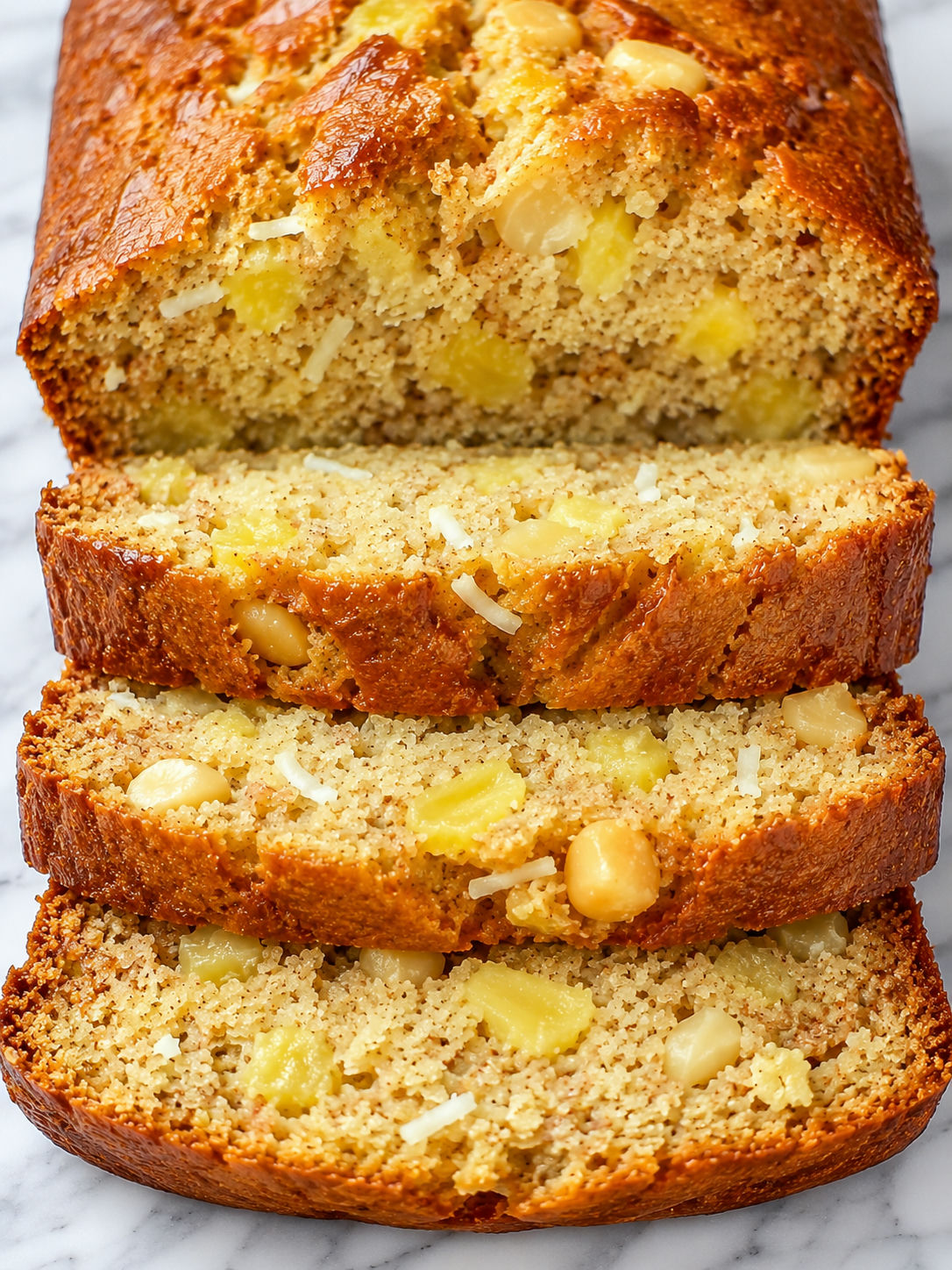 Thick slices of Hawaiian Banana Bread with pineapple and macadamia nuts