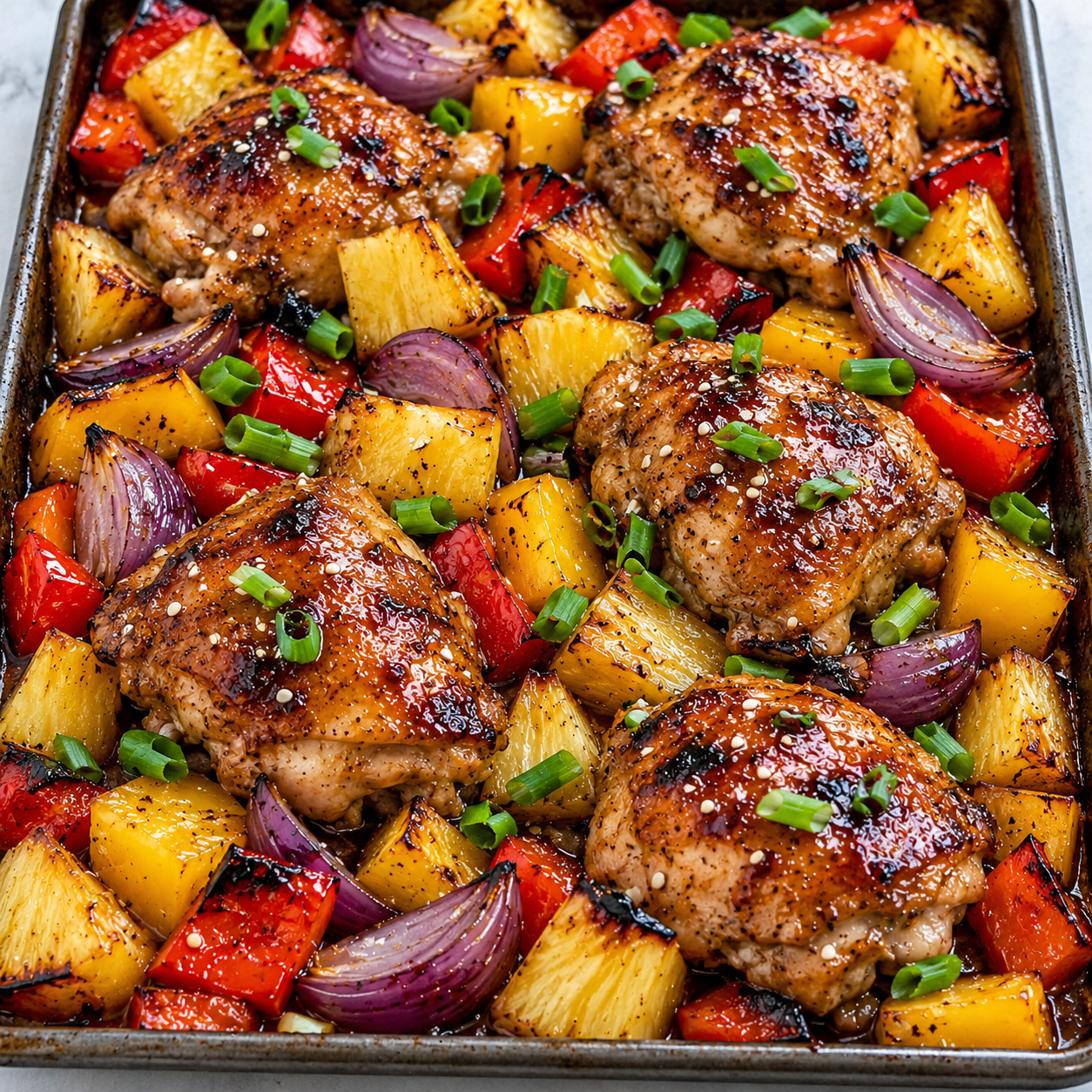 Hawaiian chicken sheet pan with pineapple, peppers, green onions, and sesame seeds