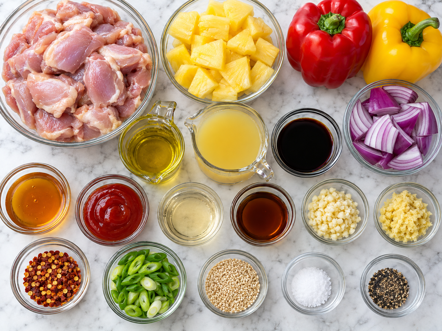 Raw ingredients for Hawaiian chicken sheet pan with pineapple and peppers