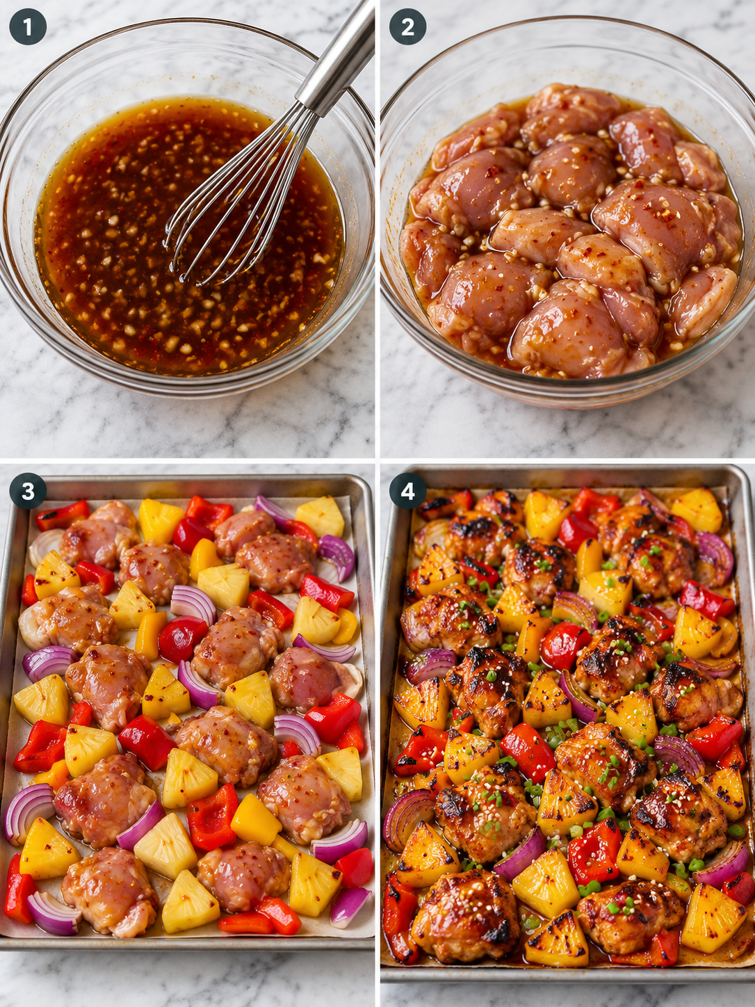 Steps for making Hawaiian chicken sheet pan from glaze to roasted pan