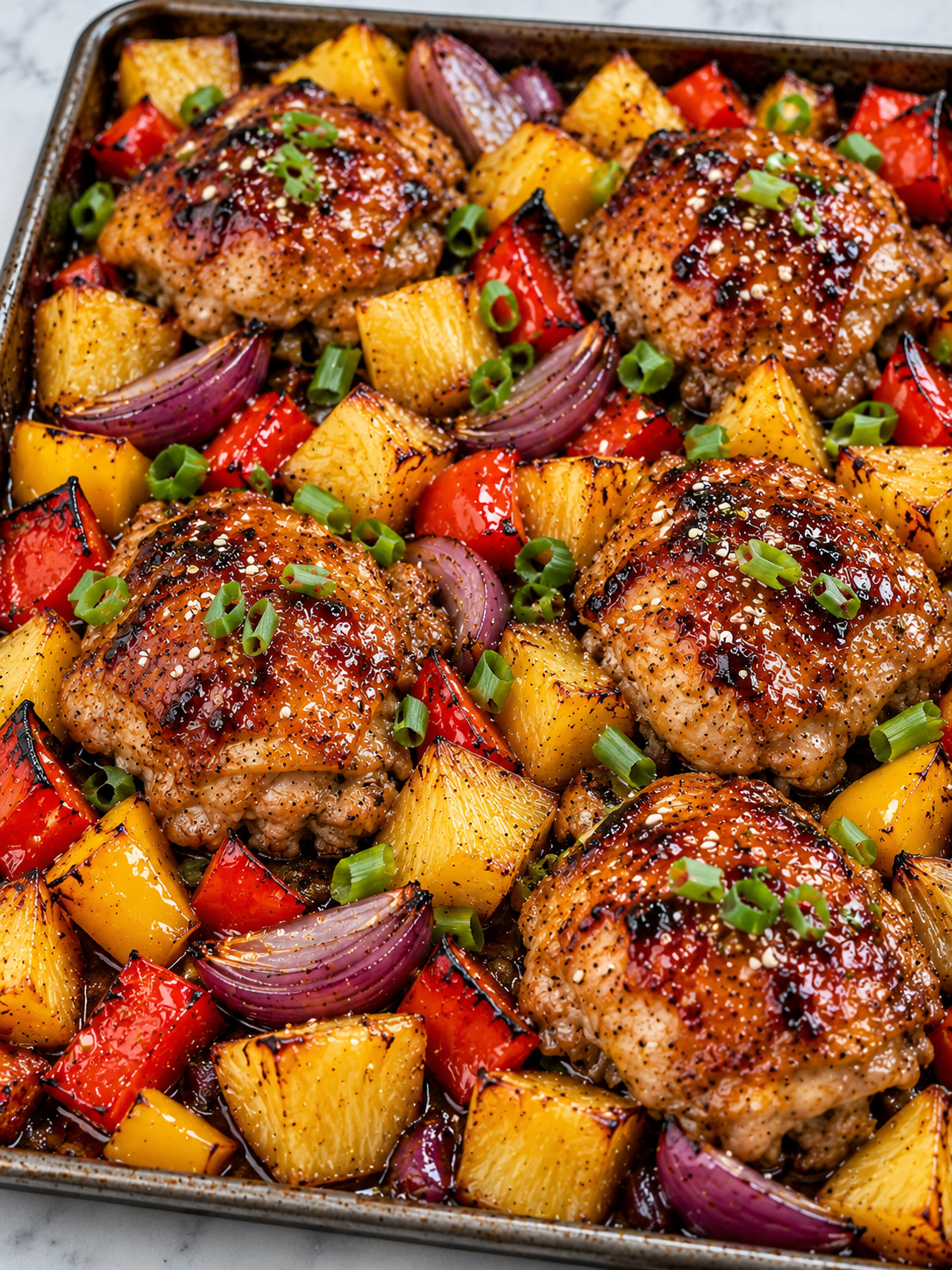 Sticky Hawaiian chicken with pineapple, peppers, green onions, and sesame seeds