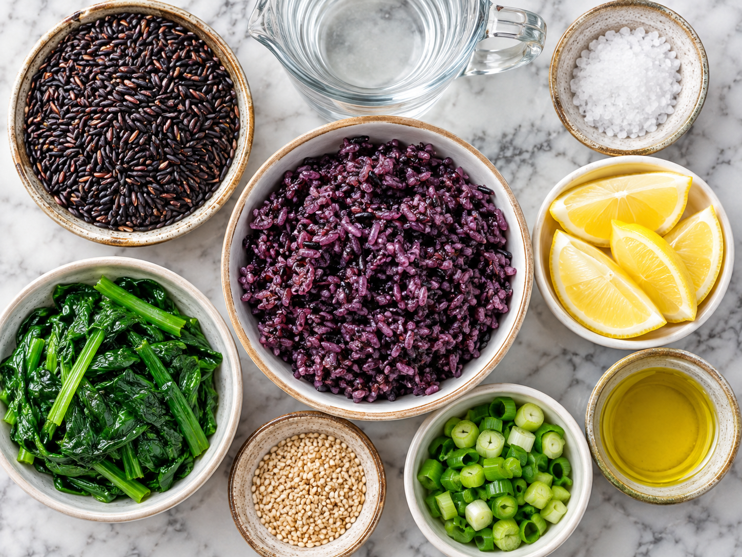 Raw and cooked purple rice with lemon, greens, scallions, and sesame