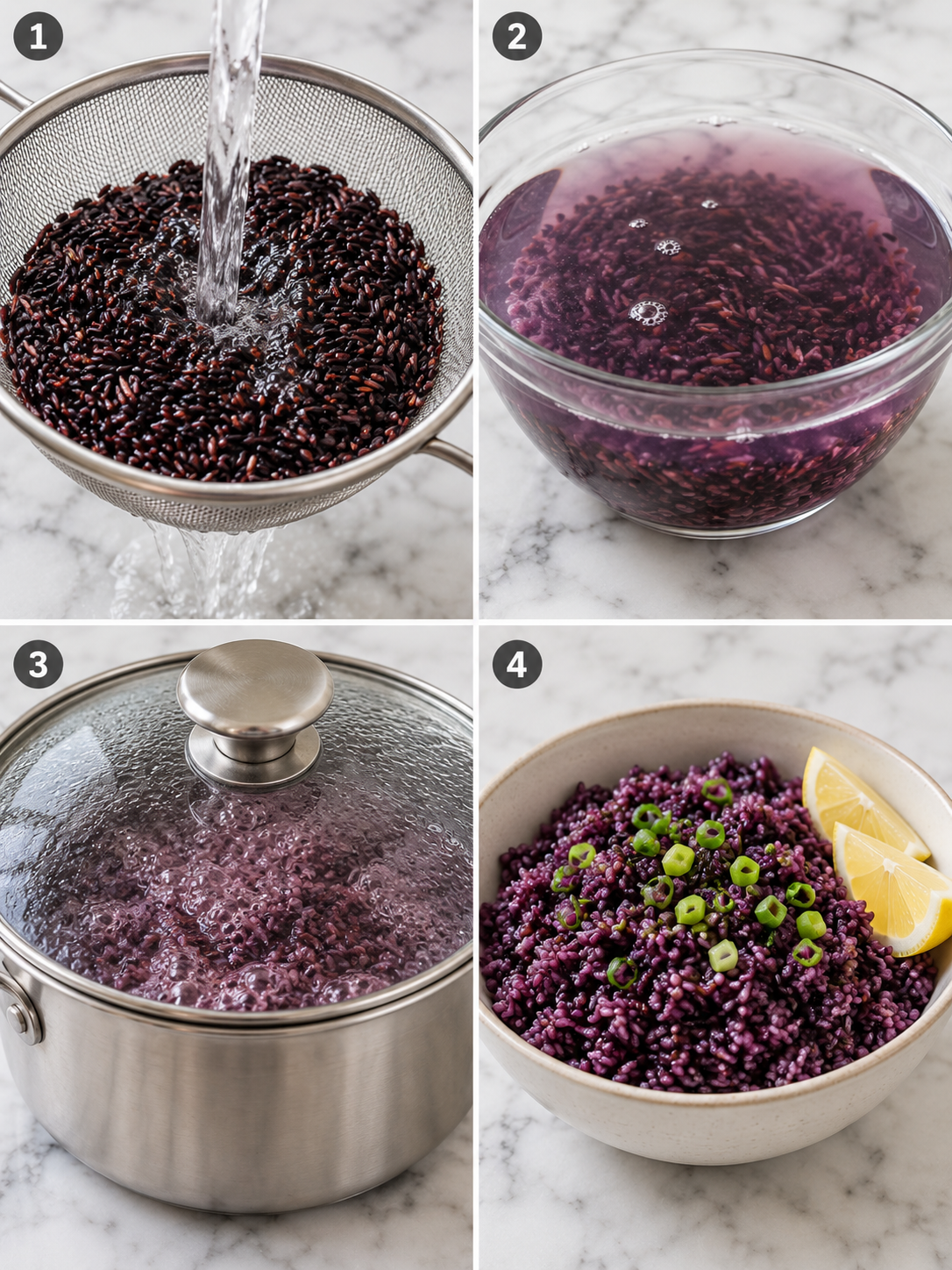 Four cooking steps for rinsing, soaking, simmering, and serving purple rice