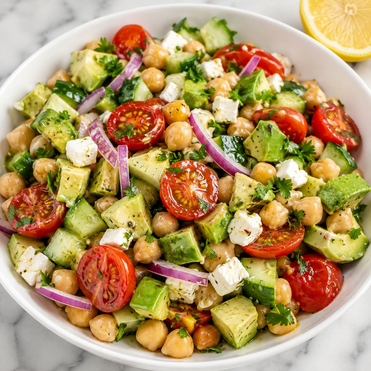 Chickpea salad with cucumber, tomatoes, avocado, feta, and parsley