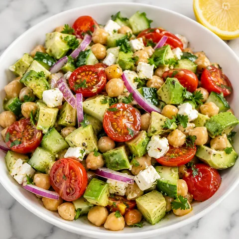 Chickpea salad with cucumber, tomatoes, avocado, feta, and parsley