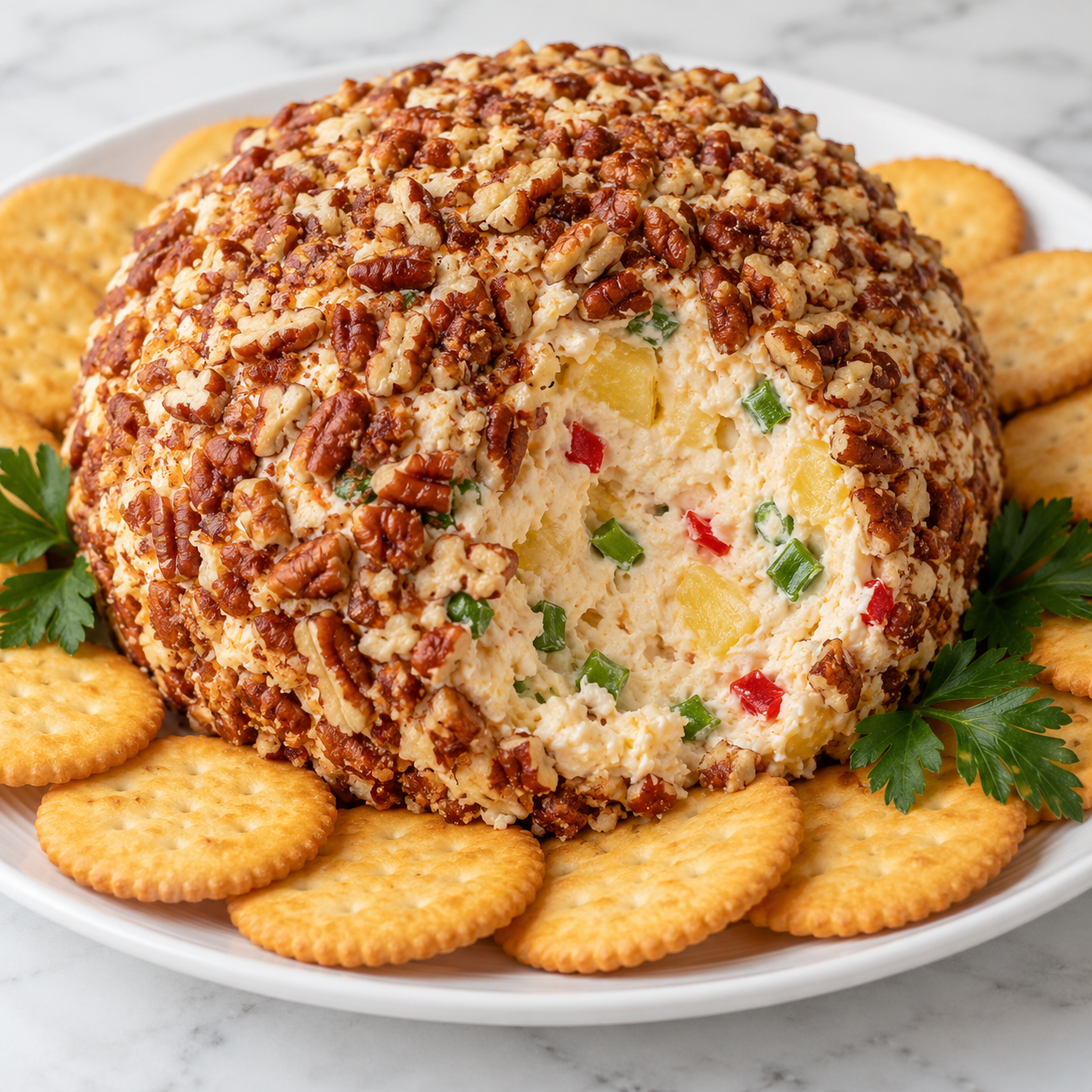 Pineapple cheeseball coated in pecans with crackers on a white platter