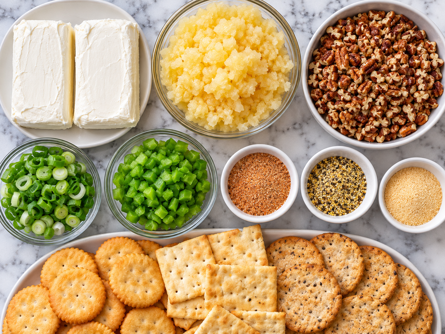 Cream cheese, pineapple, green onions, peppers, pecans, and crackers for cheeseball