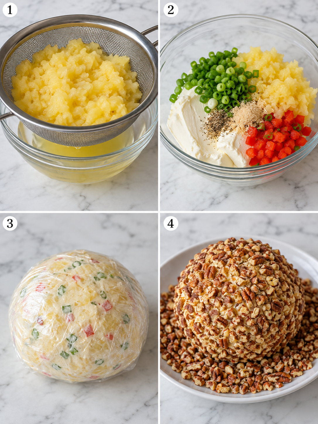 Four steps for making pineapple cheeseball from draining to pecan coating