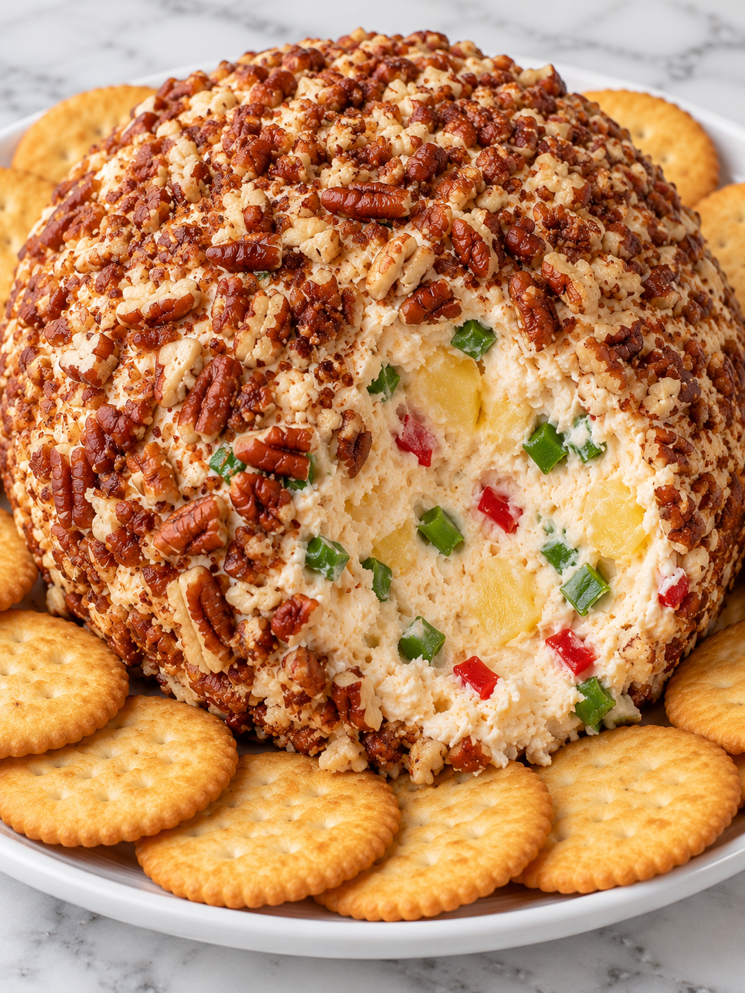 Pecan-coated pineapple cheeseball with creamy filling and crackers