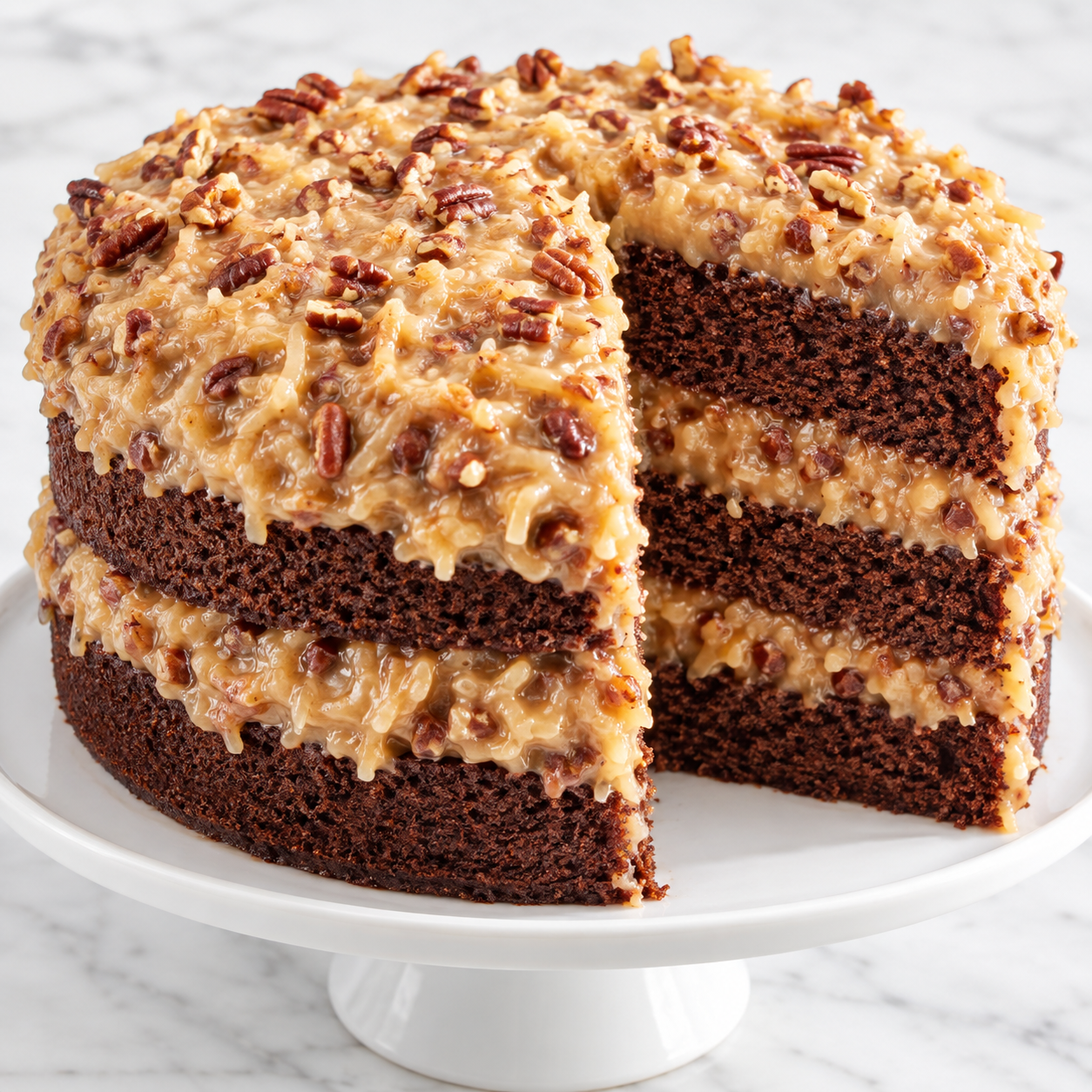 German chocolate layer cake with coconut-pecan frosting on a cake stand