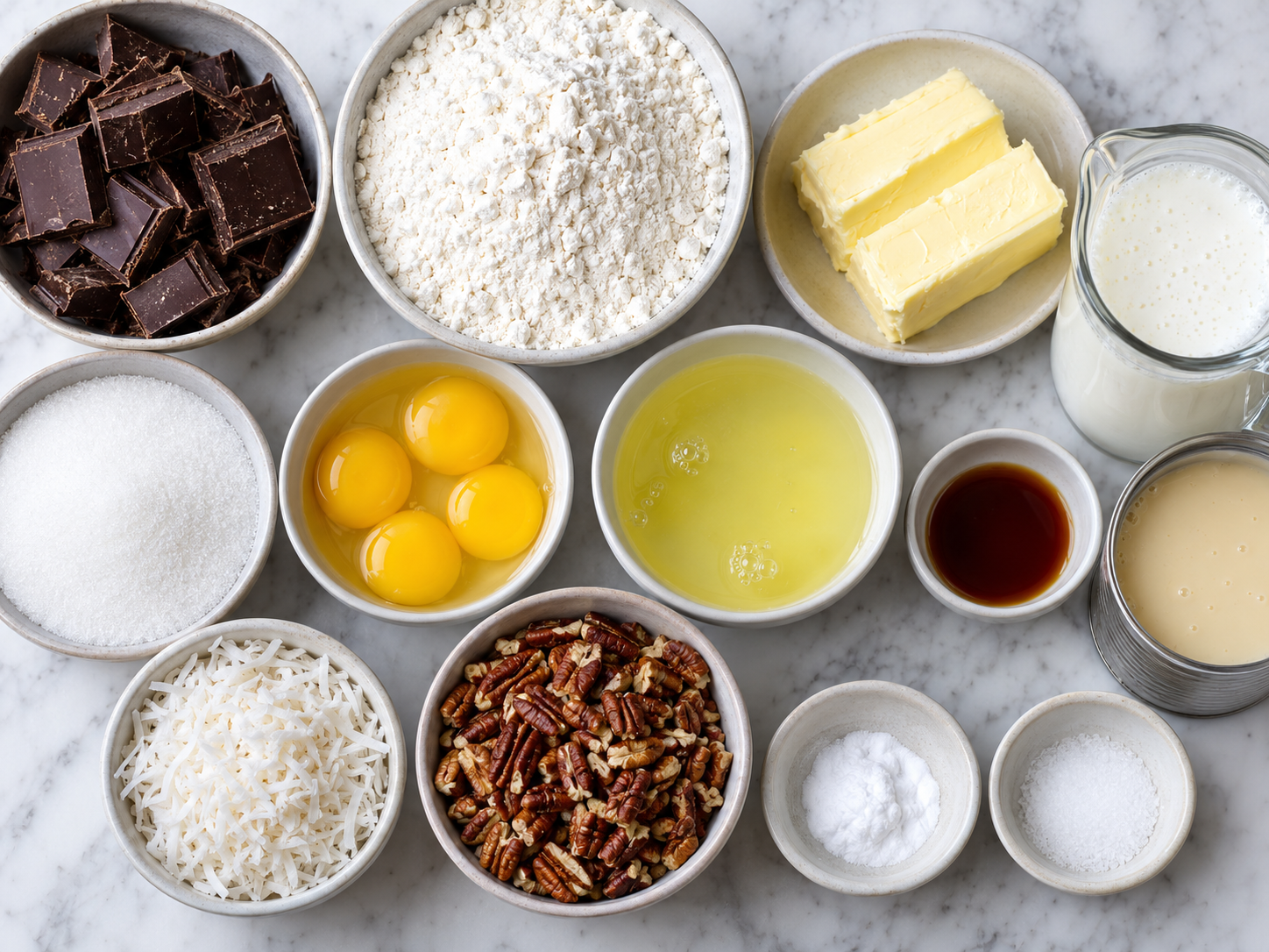 Ingredients for German chocolate cake with coconut, pecans, eggs, and chocolate