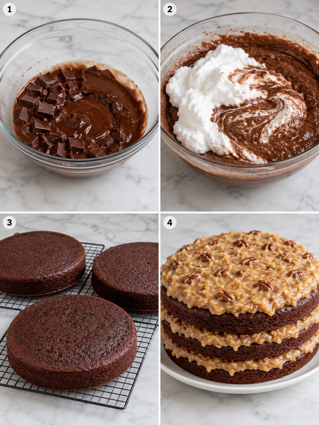 Steps for making German chocolate cake layers and coconut-pecan frosting