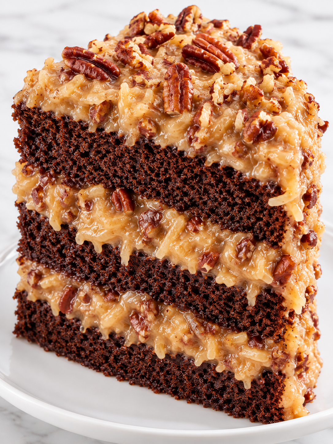 Tall slice of German chocolate cake with coconut-pecan frosting