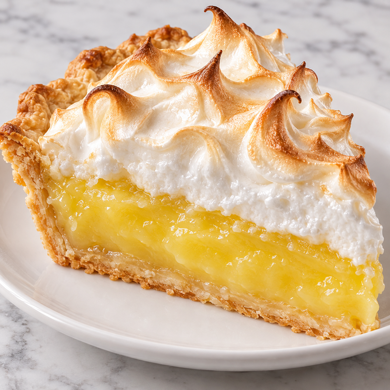 Homemade lemon meringue pie slice with toasted meringue and lemon filling